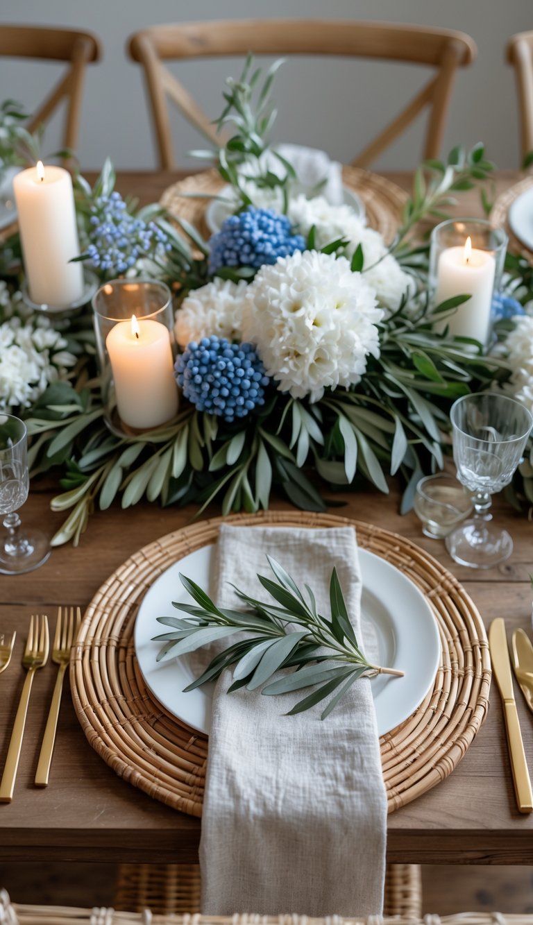A full view of a table set with woven rattan chargers, white plates, candles, and floral centerpieces featuring greenery and white flowers.