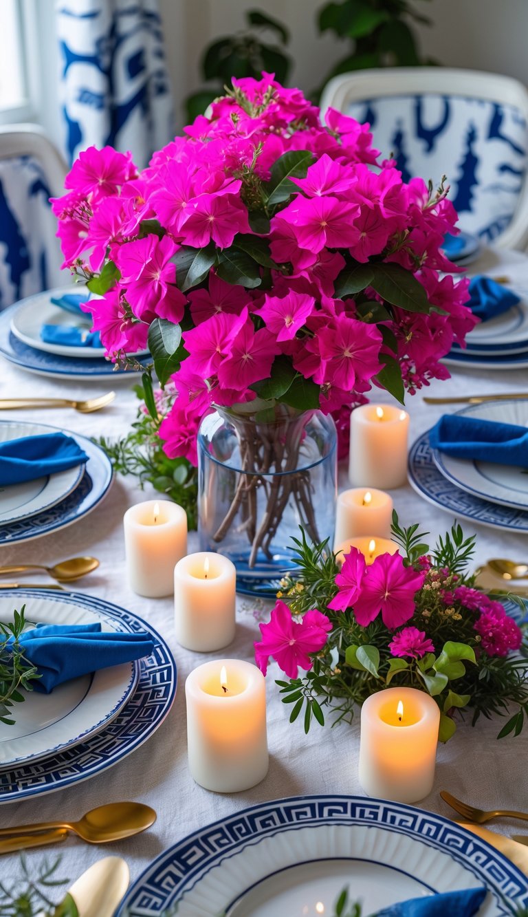 A full view of a table set for a Greek-themed event with a vase of bright bougainvillaea flowers, candles, plates, and floral decorations.