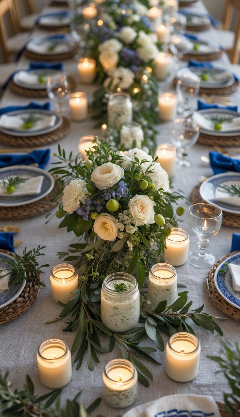 A full table set for a Greek-themed event with small jars of homemade tzatziki as favors, floral centerpieces, candles, and natural lighting.