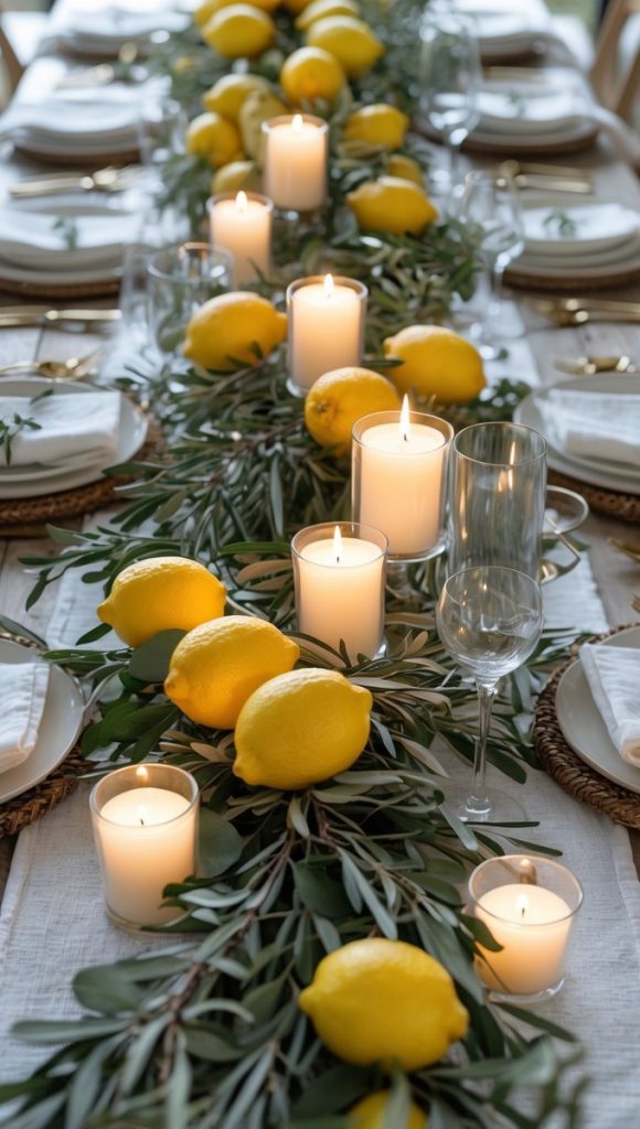 A dining table set with white plates, gold cutlery, candles, and a centerpiece of fresh lemons and green leaves.