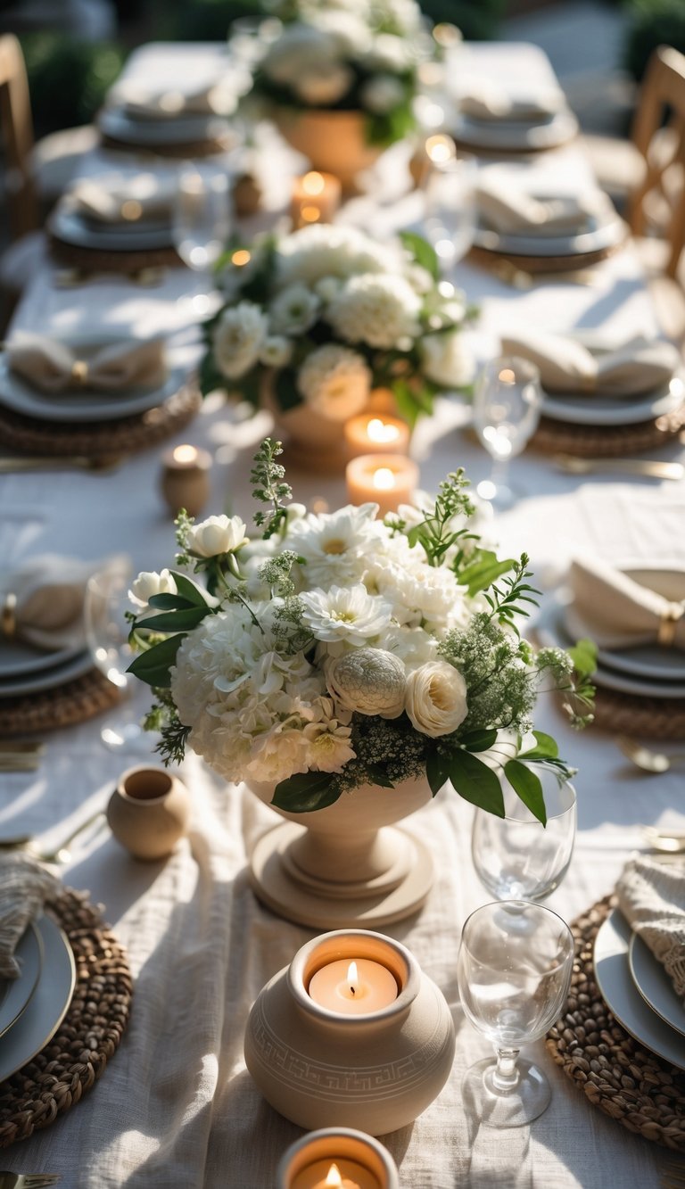 A table set for a festive event with small amphora-style candle holders, floral centerpieces, and candles arranged along the length of the table.