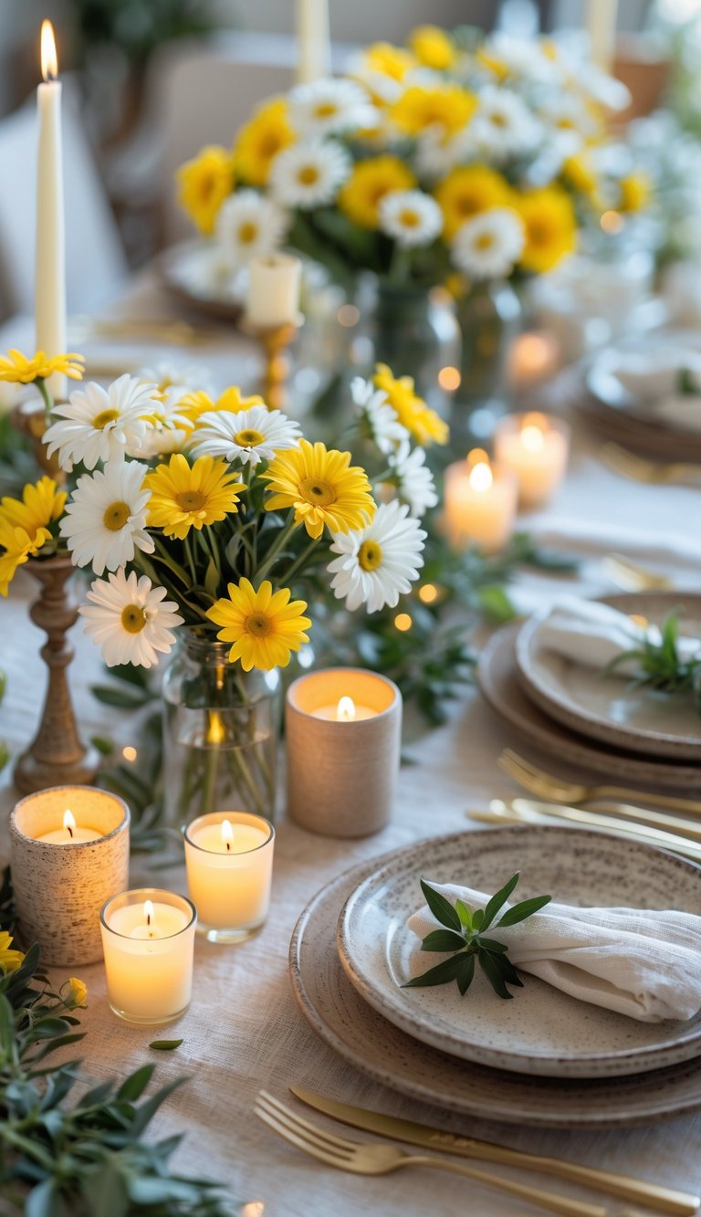 A full table set with small vases of yellow and white daisies, candles, plates, and decorative elements arranged for a festive event.