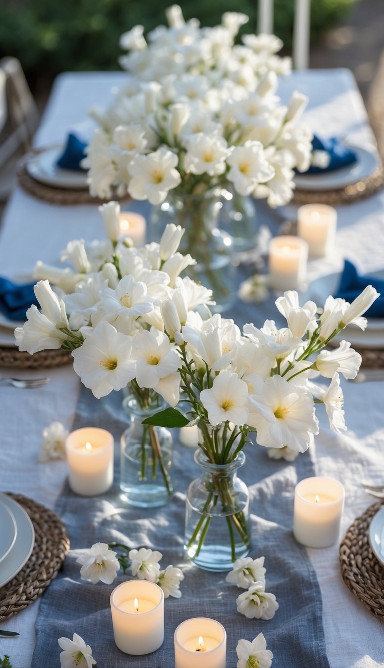 A full table view featuring white freesia flowers in glass vases, candles, and Greek-inspired tableware set for an event.