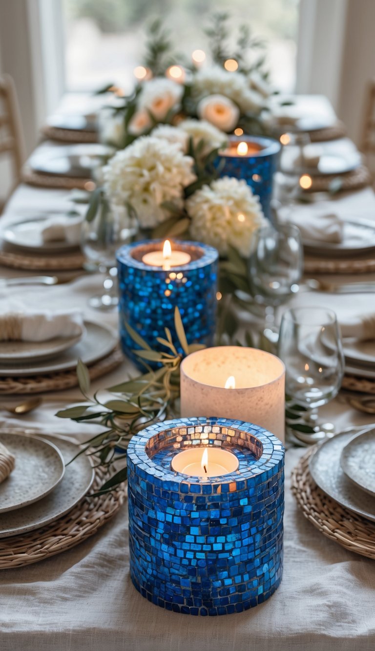 A beautifully set dining table featuring blue mosaic candle holders, fresh flowers, candles, and ceramic plates arranged neatly on a linen tablecloth under natural light.