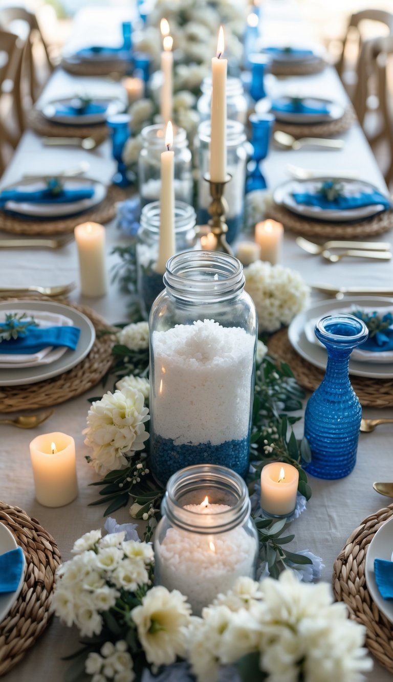 A full view of a Greek-inspired holiday table set with glass jars filled with sea salt, candles, white flowers, ceramic plates, and woven placemats under natural daylight.