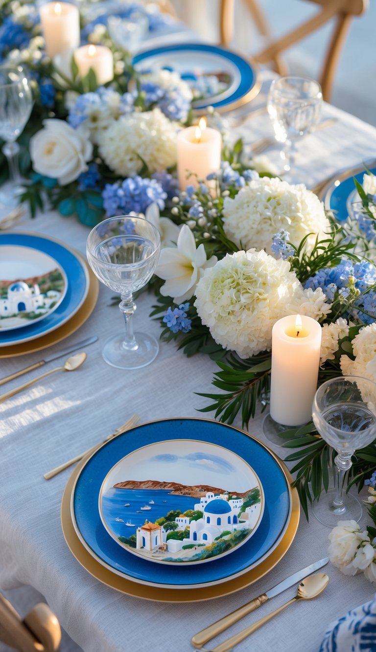 A full table set with plates featuring hand-painted Greek island scenes, surrounded by floral centerpieces and lit candles.