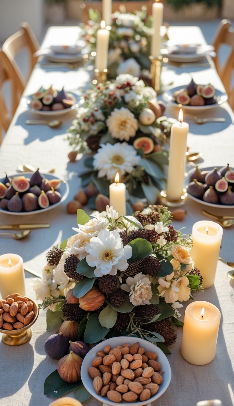 A full view of a table set with small bowls of dried figs and nuts, floral centerpieces, and lit candles.