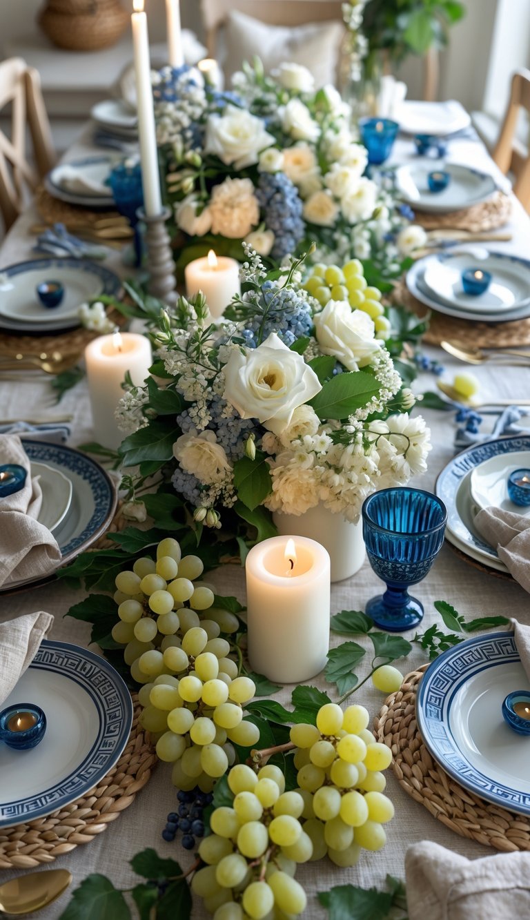 A full view of a table set for a Greek-themed event with white grape clusters scattered across, surrounded by candles, flowers, and tableware.