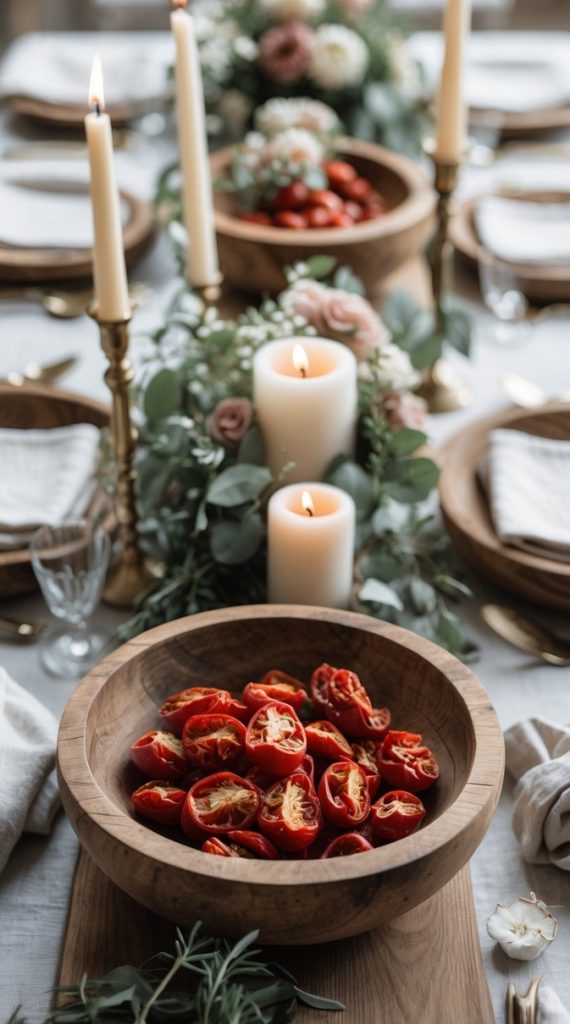 A wooden bowl filled with halved cherry tomatoes sits on a decorated dining table with candles, flowers, and neatly arranged place settings.
