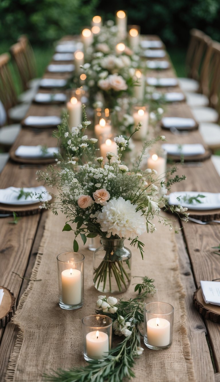 A rustic wooden table set outdoors with burlap runners, floral centerpieces, and lit candles, surrounded by garden greenery.