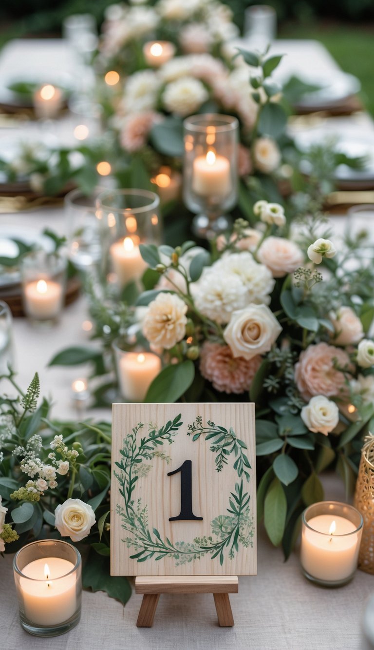 A garden wedding table set with hand-painted wooden table numbers, floral centerpieces, and lit candles on a wooden table.