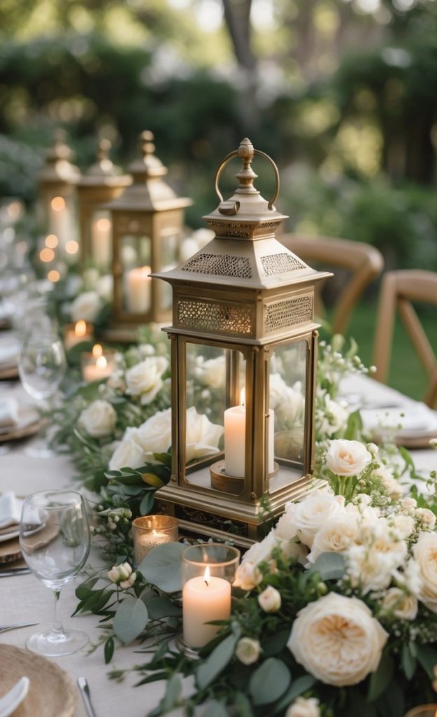 A long outdoor table decorated with gold lanterns, white candles, and floral arrangements of white roses and greenery.
