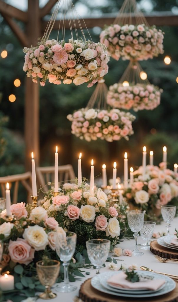 Elegant outdoor table set for an event with floral arrangements, hanging rose wreaths, lit candles, and glassware in a garden setting.