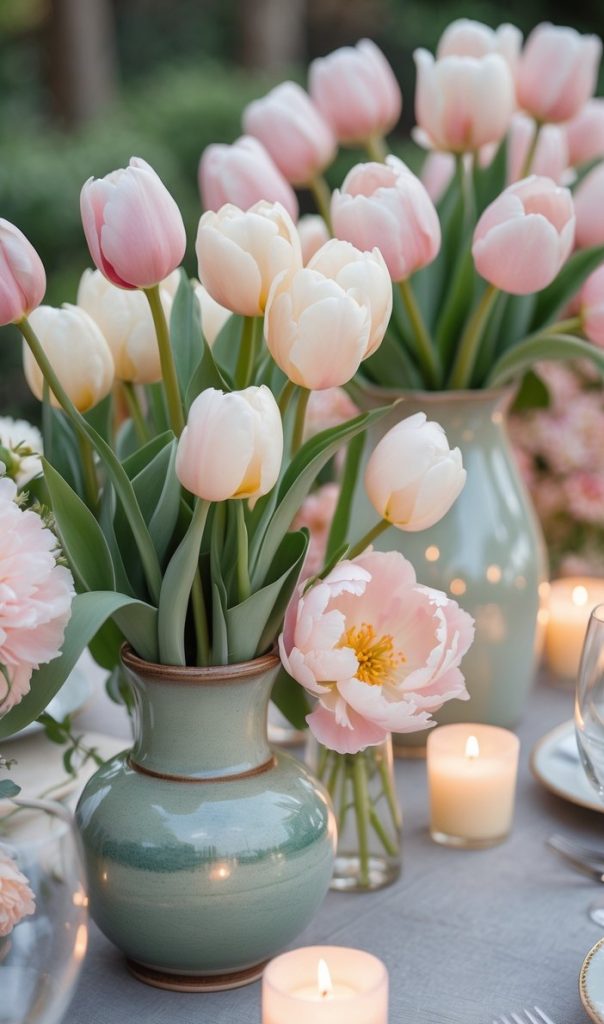 Vases of pink and white tulips are arranged on a table set with candles, glassware, and plates, creating an elegant outdoor dining scene.