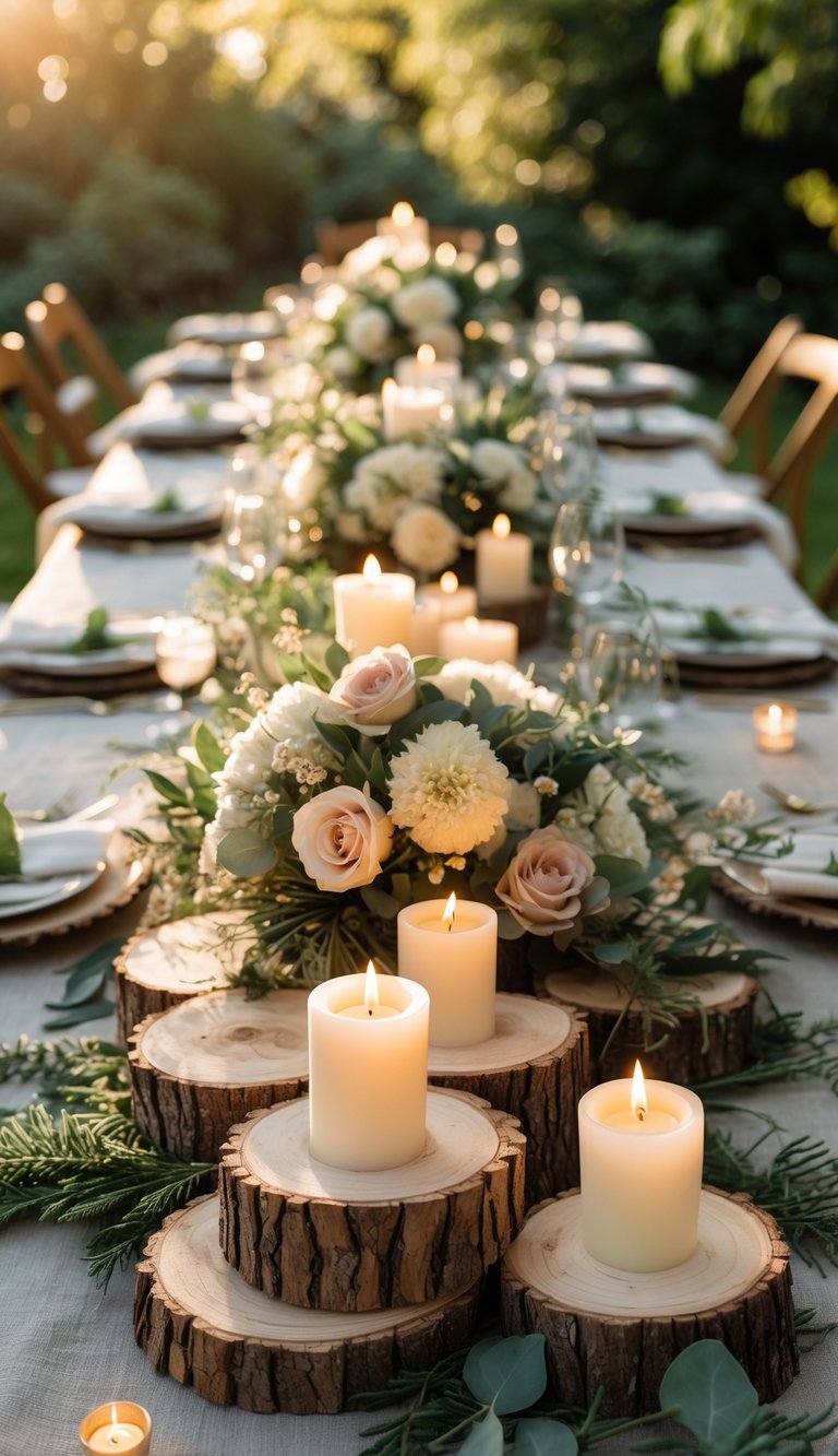 A garden wedding table set outdoors with rustic log slices holding candles, surrounded by floral centerpieces and greenery.