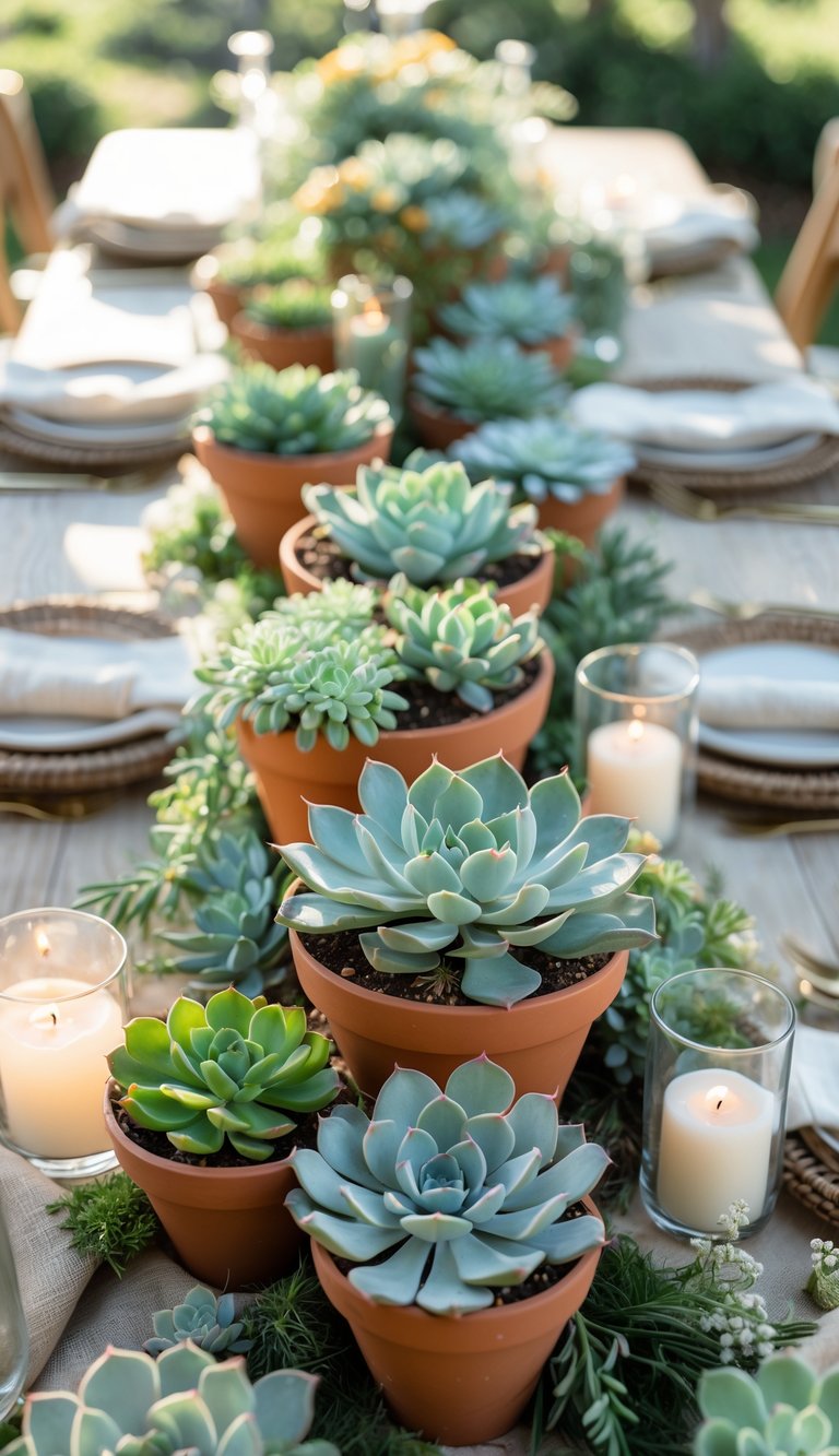 A garden wedding table with terracotta pots filled with succulents at each place setting, surrounded by floral centerpieces and candles.