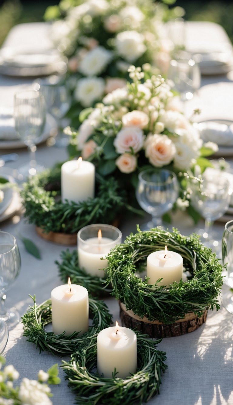 A garden wedding table set outdoors with candles wrapped in mini herb wreaths, surrounded by soft pastel flowers and elegant tableware.