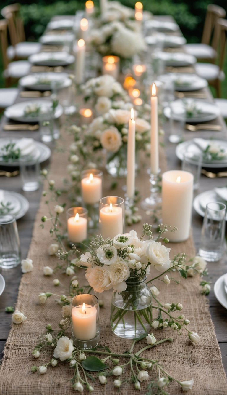 A garden wedding table set with a natural jute runner, delicate flower buds, floral centerpieces, and lit candles under natural light.