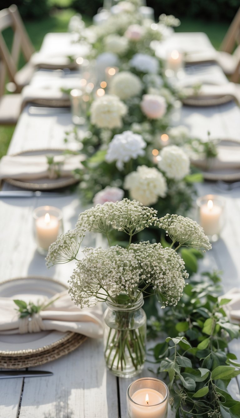 A garden wedding table set with napkins decorated by small baby’s breath bouquets, surrounded by floral centerpieces and candles.
