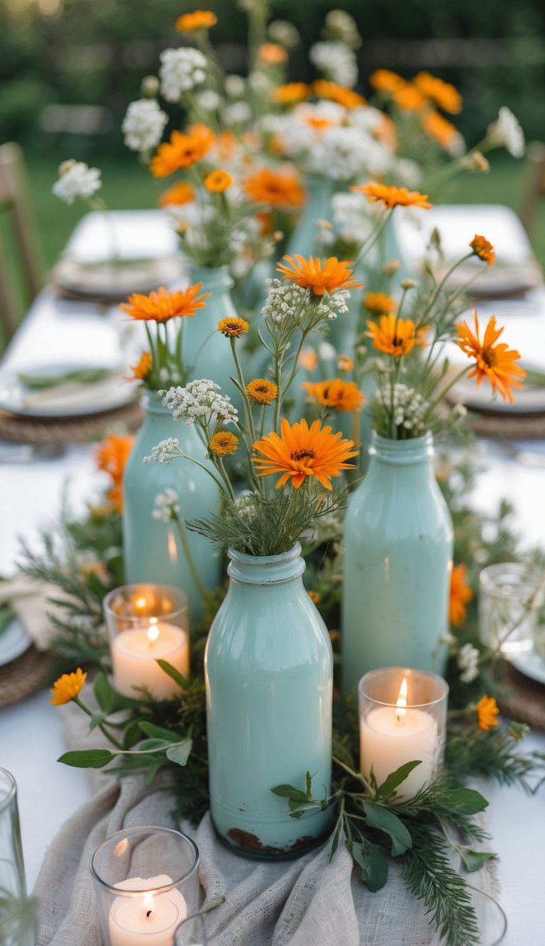 A garden wedding table set with bright wildflower arrangements in vintage milk bottles, surrounded by candles and rustic tableware.