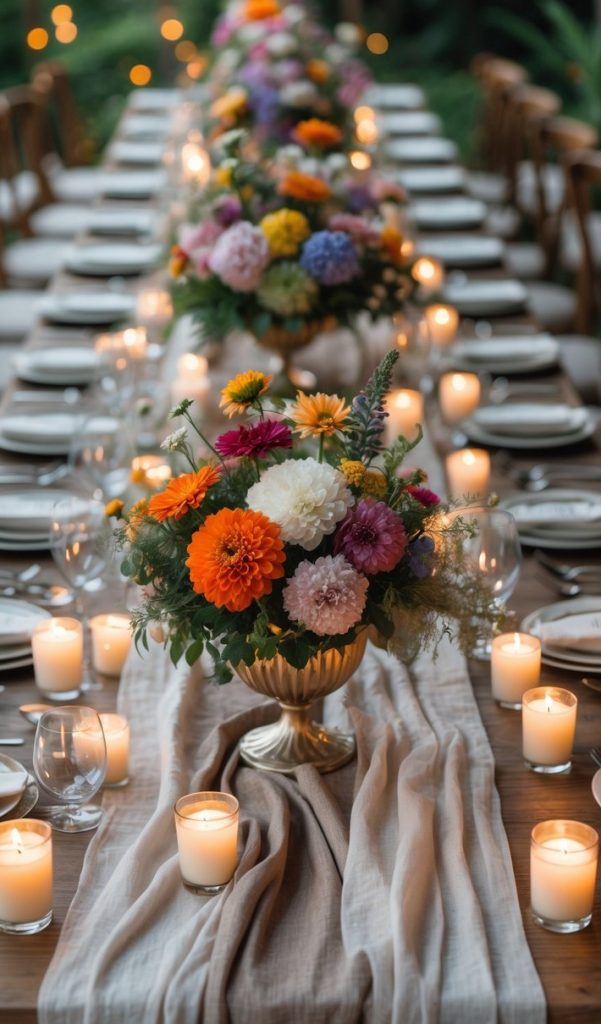 A long dining table set outdoors features floral centerpieces and lit candles, with neatly arranged plates and glassware.