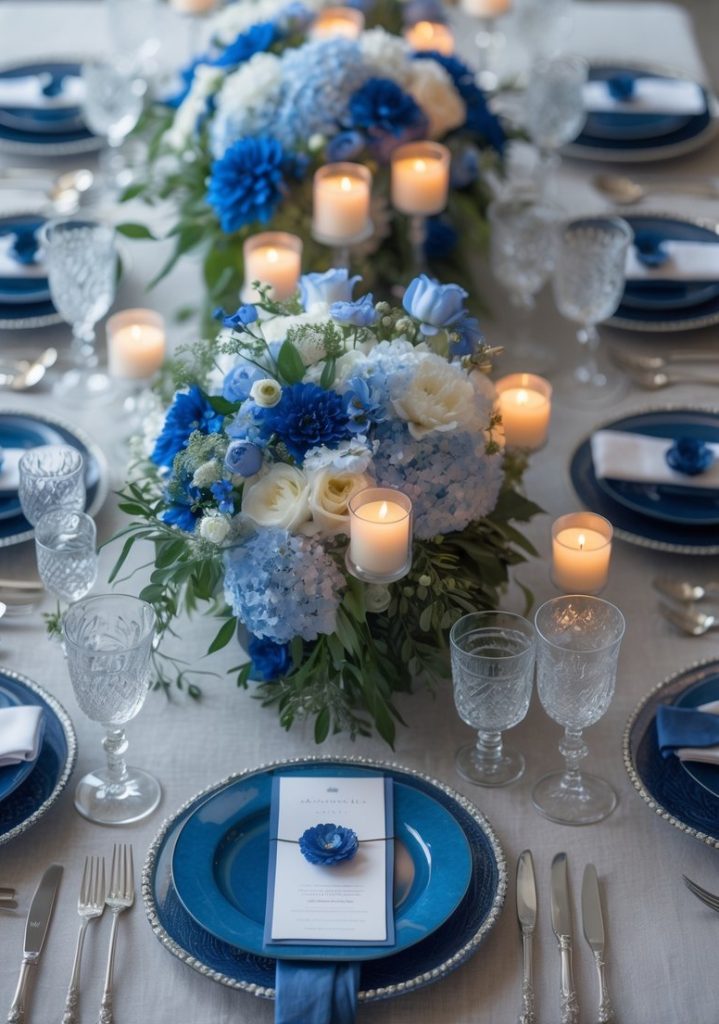 A formal dining table set with blue and white floral centerpieces, lit candles, blue plates, silver cutlery, glassware, and printed menus on each place setting.