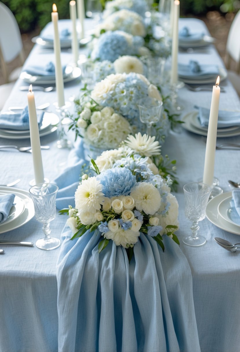 A full view of a table set with a soft sky blue linen tablecloth, white and pale blue floral centerpieces, white candles, and neatly arranged plates, cutlery, and glassware.