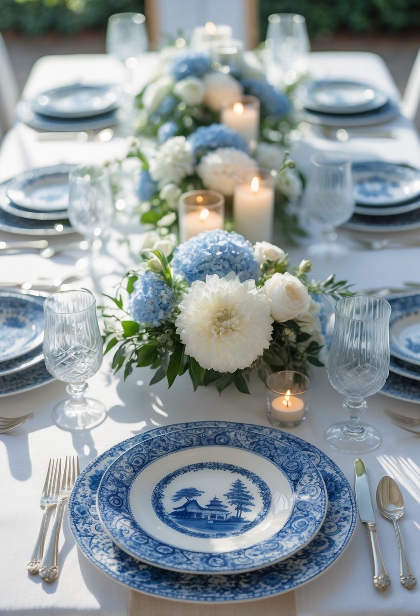 A full view of a table set with blue and white porcelain plates, floral centerpieces, and lit candles.