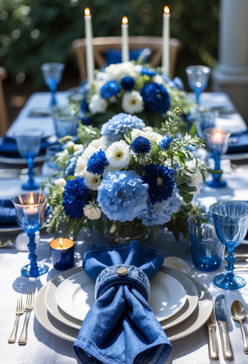 A beautifully arranged dining table with blue cloth napkin rings, floral centerpieces, candles, and elegant place settings.