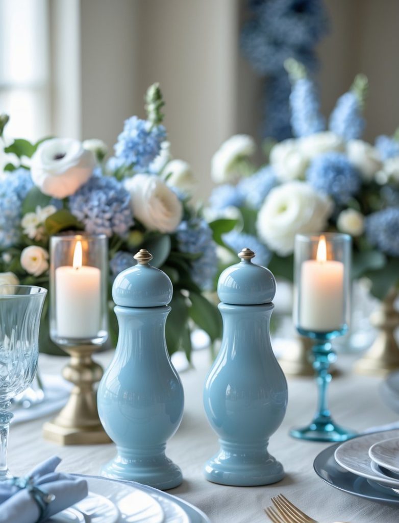 A formal dining table set with blue and white plates, gold cutlery, blue salt and pepper shakers, lit candles, and floral centerpieces in white and blue tones.
