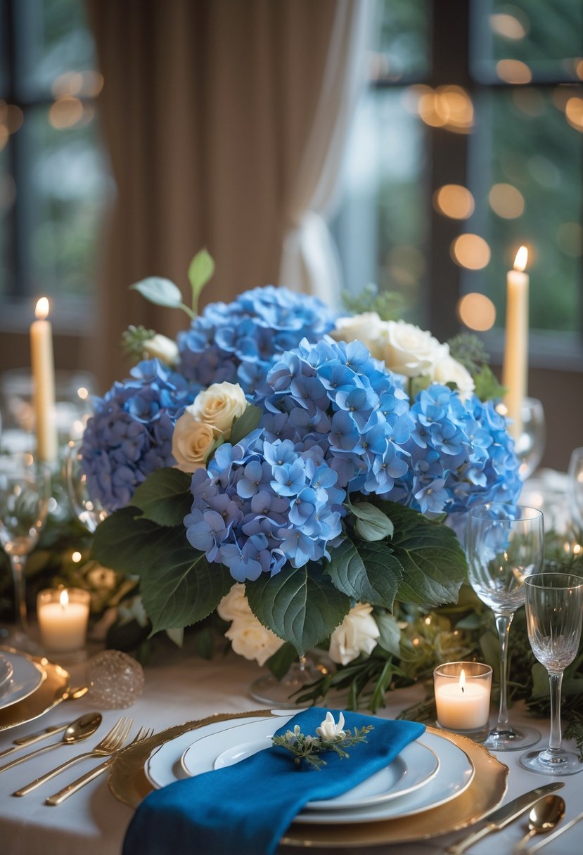 A fully set table with a centerpiece of blue hydrangea bouquets, candles, and elegant tableware arranged for a festive event.