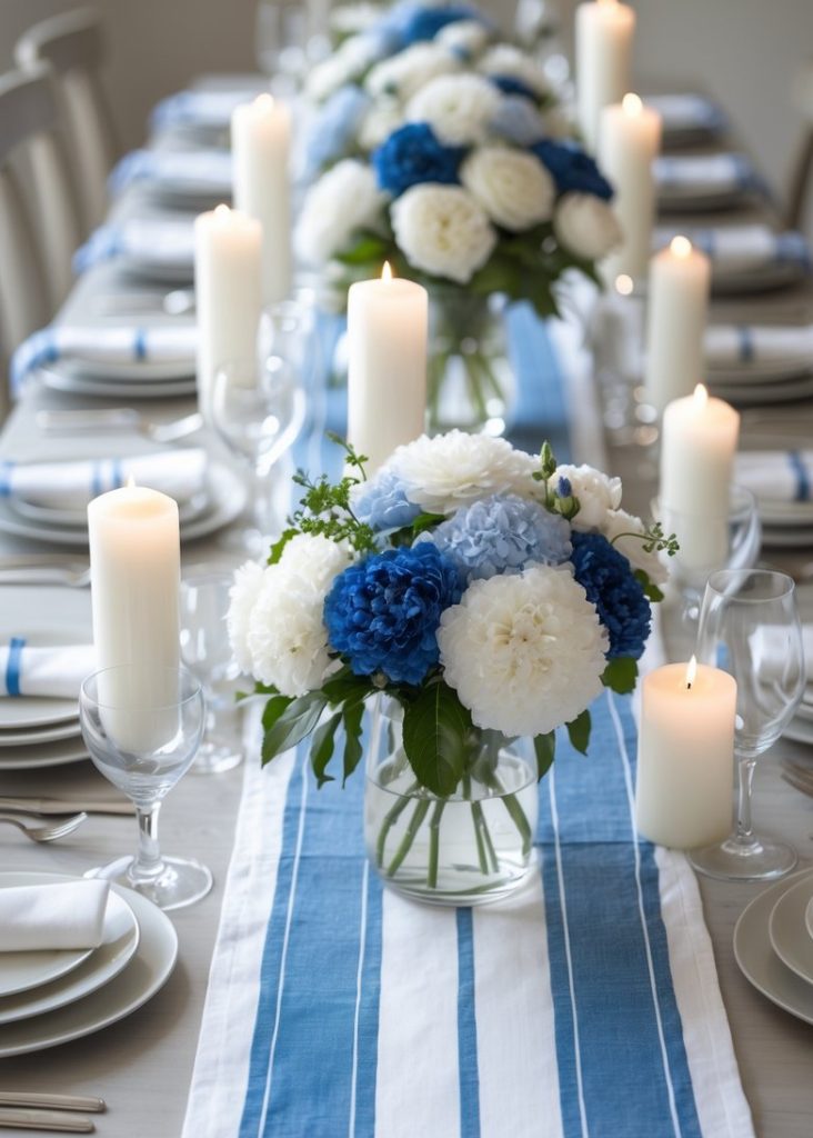 A dining table set with white plates, glassware, white napkins, blue-and-white striped runners, pillar candles, and bouquets of blue and white flowers in glass vases.