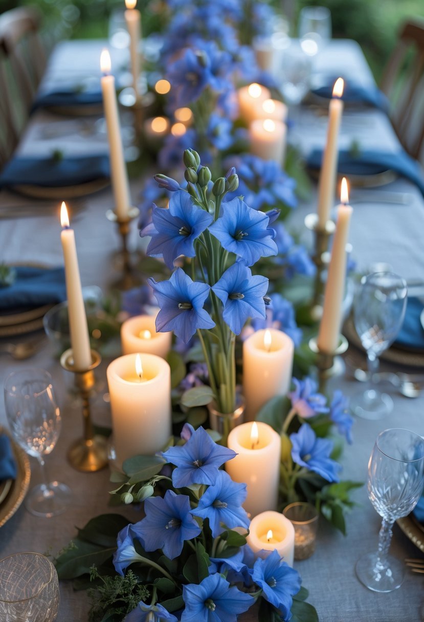 A full view of a decorated event table with blue delphinium flowers, candles, and floral centerpieces arranged along the length of the table.