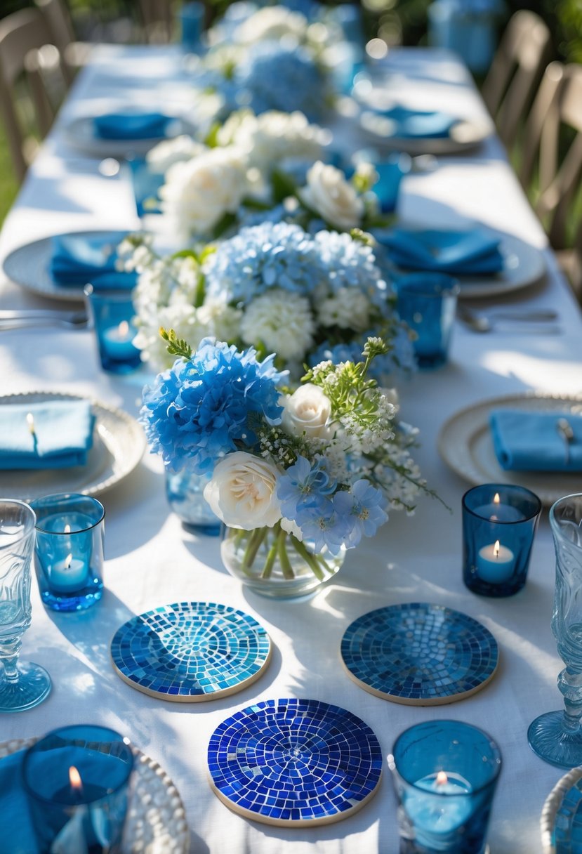 A beautifully set table with blue mosaic tile coasters, floral centerpiece, candles, and blue-themed tableware under natural light.
