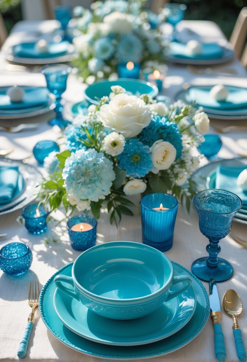 A full table set with turquoise blue ceramic butter dishes, blue plates, candles, and floral centerpieces under natural light.