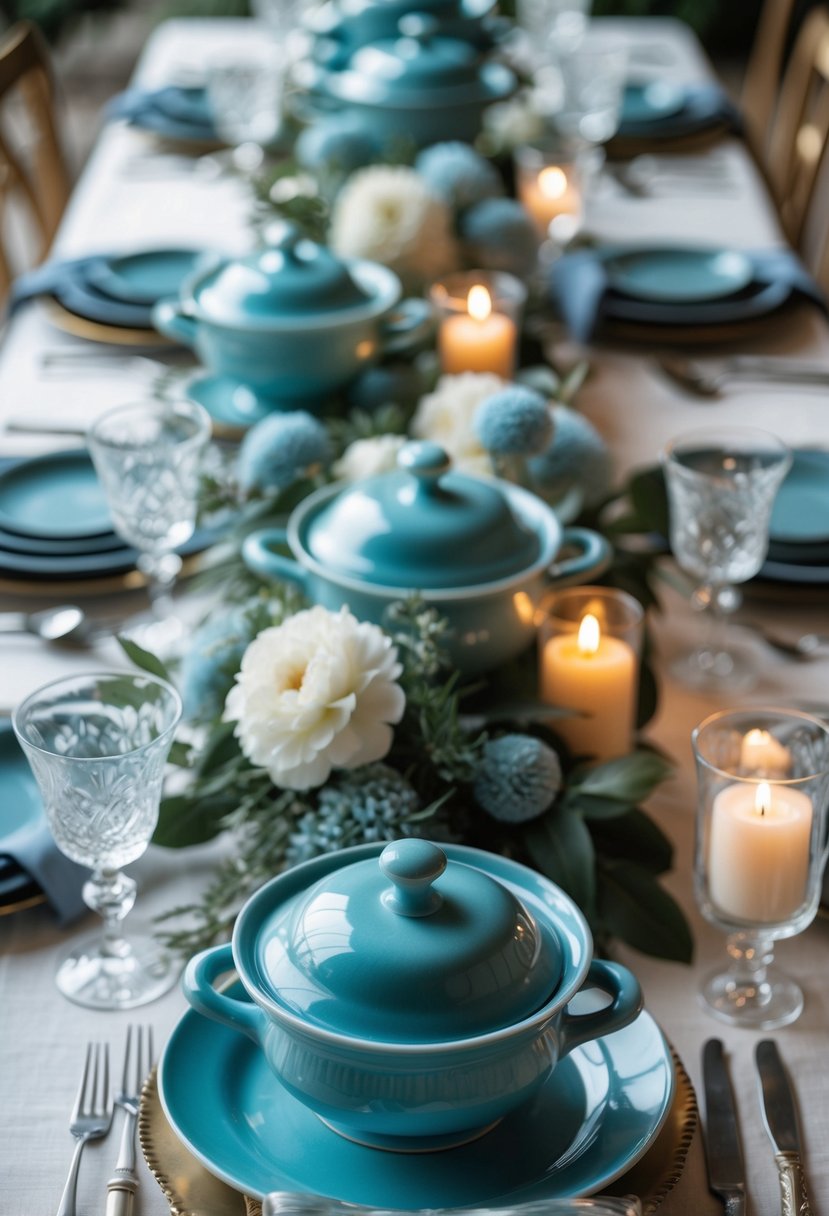 A beautifully arranged dining table with blue ceramic soup tureens, floral centerpieces, candles, and tableware set for a festive gathering.