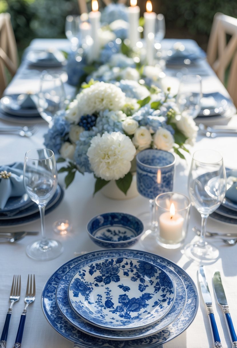 A full table set with blue and white porcelain chopstick rests, floral centerpieces, and lit candles under natural daylight.