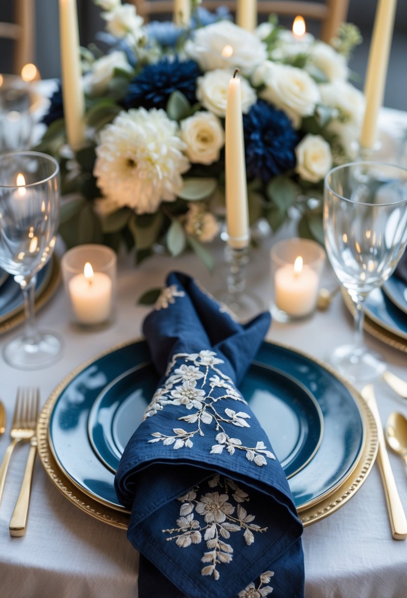 A fully set dining table with midnight blue embroidered napkins, floral centerpieces, and lit candles under natural light.