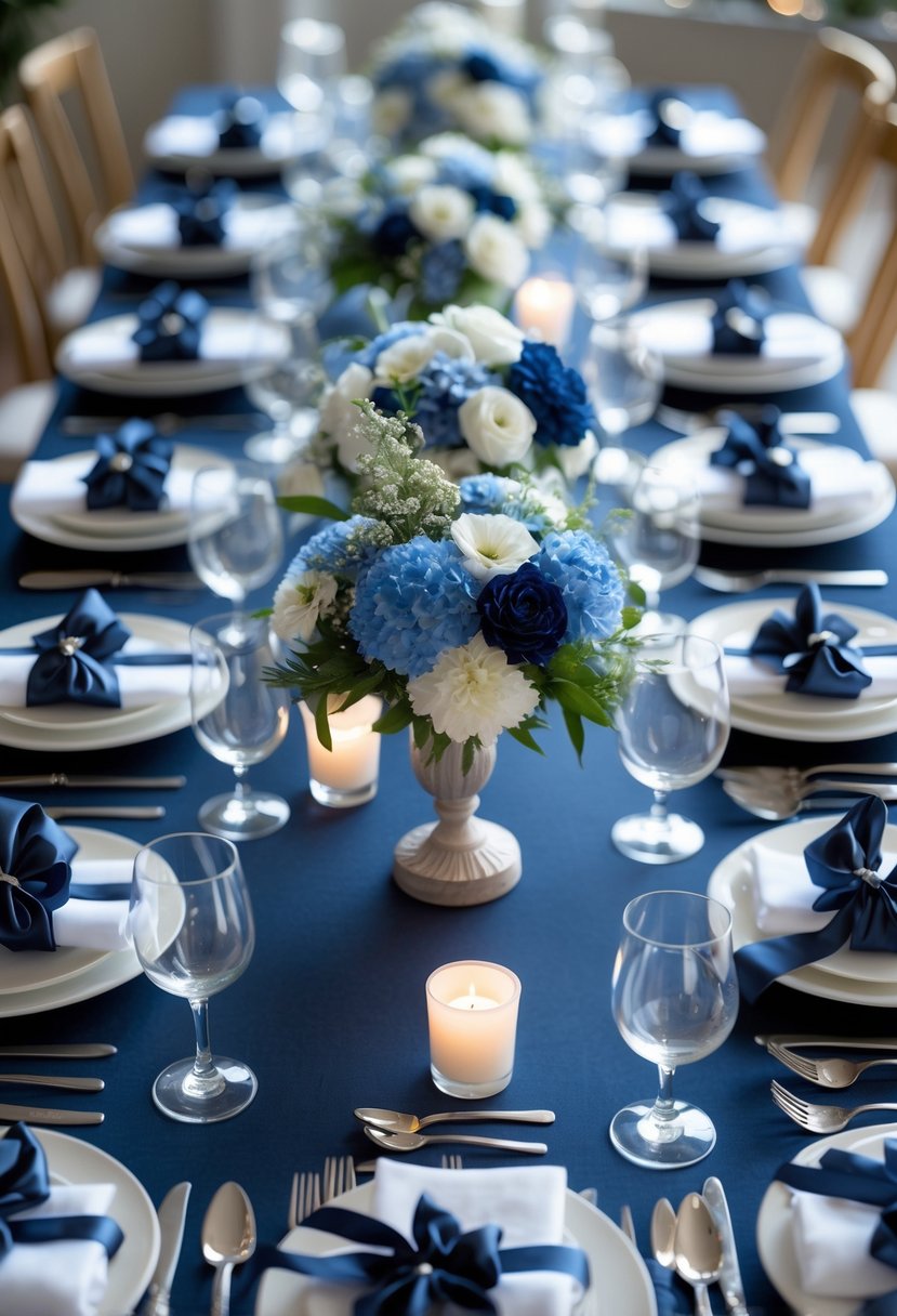 A full table set with navy blue ribbon-tied cutlery bundles, floral centerpieces, and candles, arranged for a holiday or event.