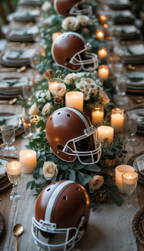A long dining table is set with football helmets, candles, flowers, and elegant dinnerware, blending sports decor with a formal dining arrangement.
