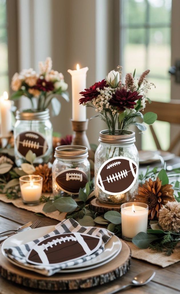 A rustic dining table set with football-themed plates and napkins, glass jars decorated with football images, candles, and flower arrangements.