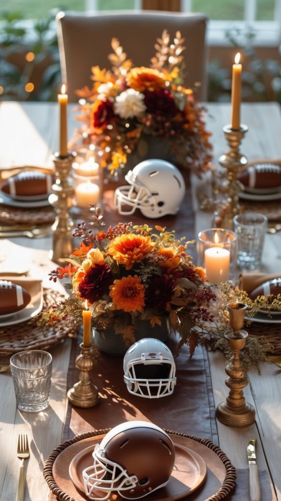 A dining table decorated with fall flowers, candles, and mini football helmets as centerpieces, blending autumn and football themes.