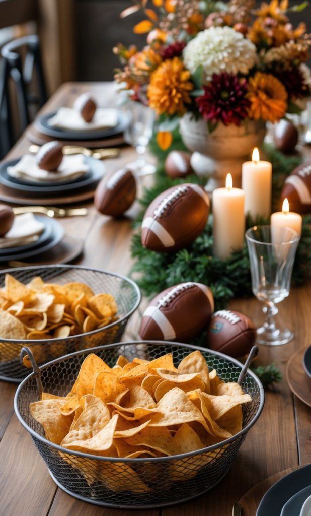 A wooden table set for a meal with baskets of tortilla chips, football decorations, lit candles, and a floral centerpiece.