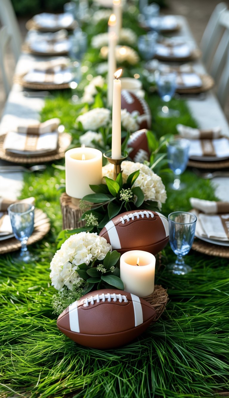 A football-themed tablescape with green grass mulch base, candles, flowers, and decorative tableware arranged on a full table.