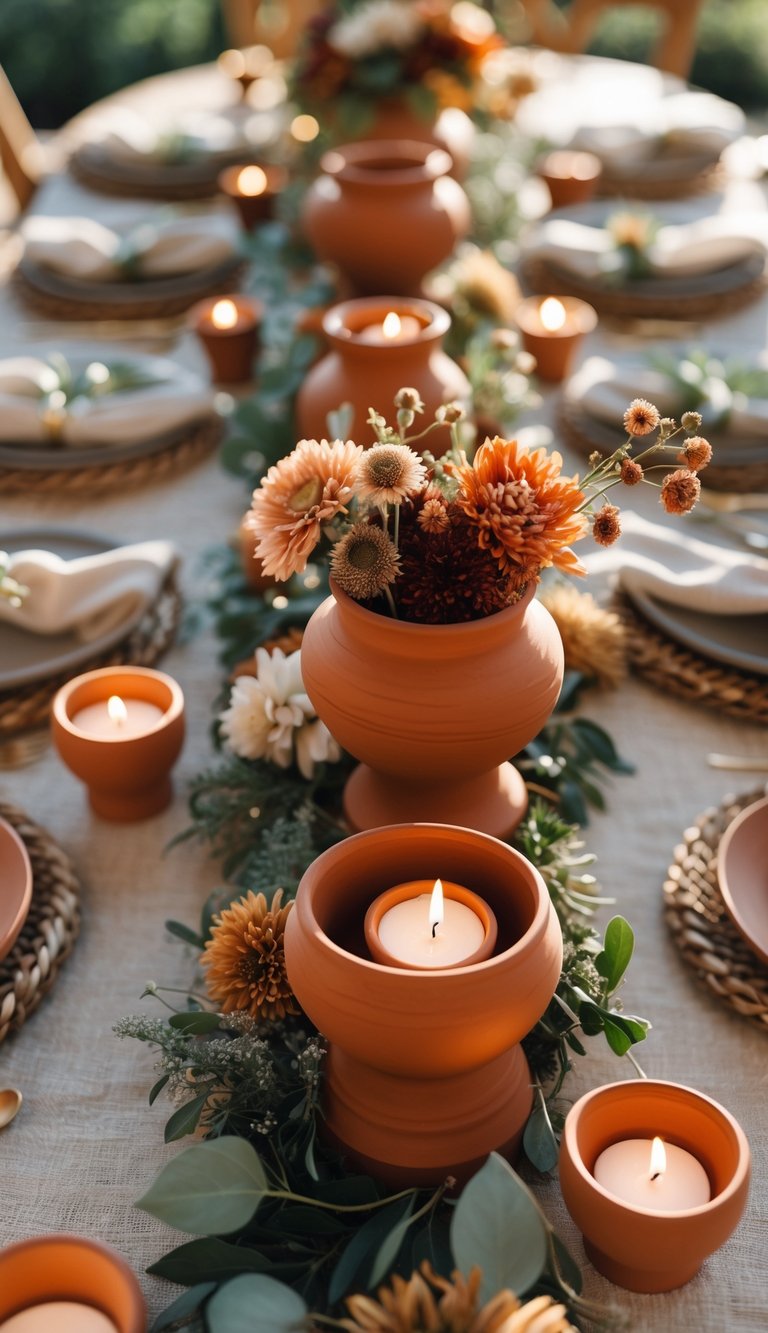 A terracotta-themed event table set with pottery centerpieces, candles, flowers, and natural light illuminating the arrangement.