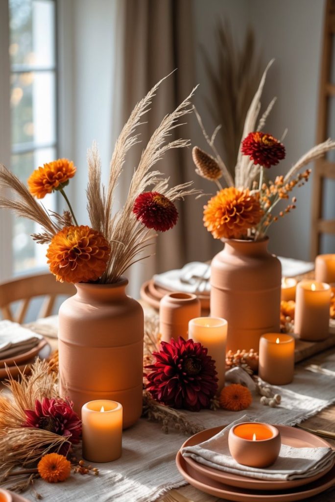A wooden dining table set with terracotta vases holding orange and red flowers, surrounded by lit candles and neutral-colored plates and linens.