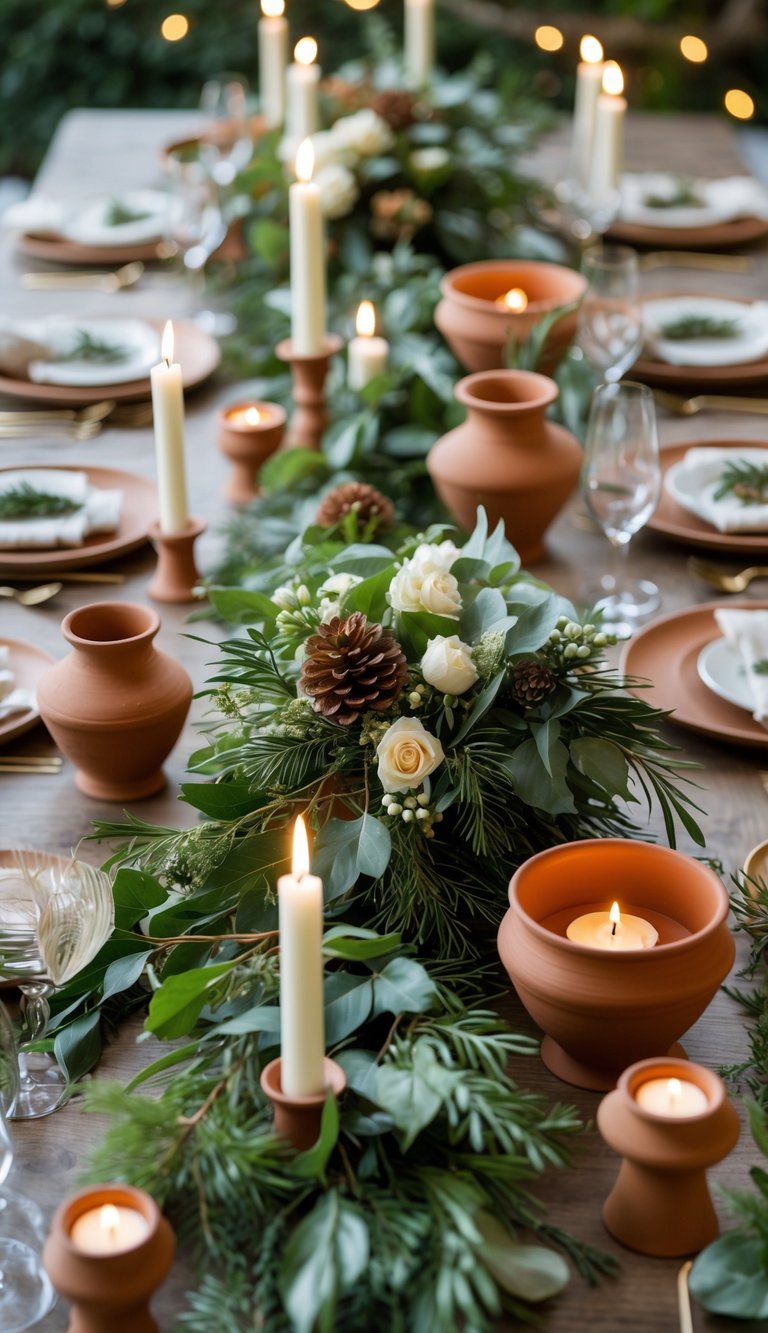A full table set with greenery garlands and terracotta vases, candles, and flowers arranged in an inviting holiday tablescape.