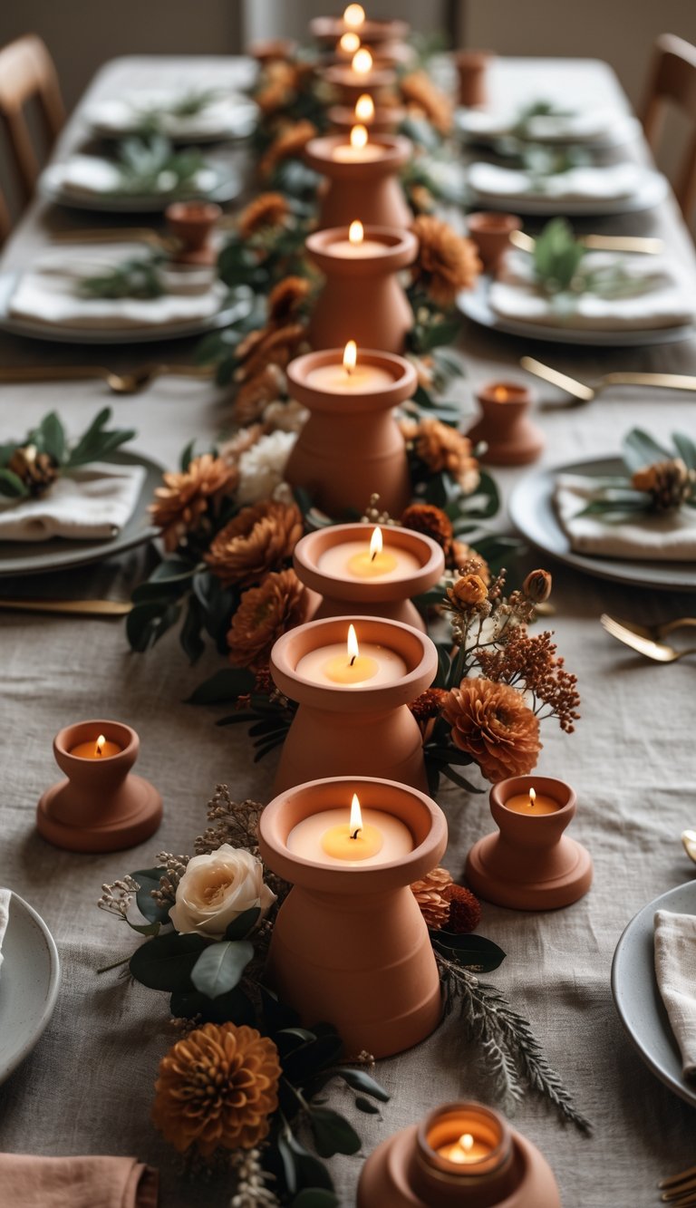 A full table view featuring terracotta candle holders with beeswax candles surrounded by floral centerpieces and tableware.