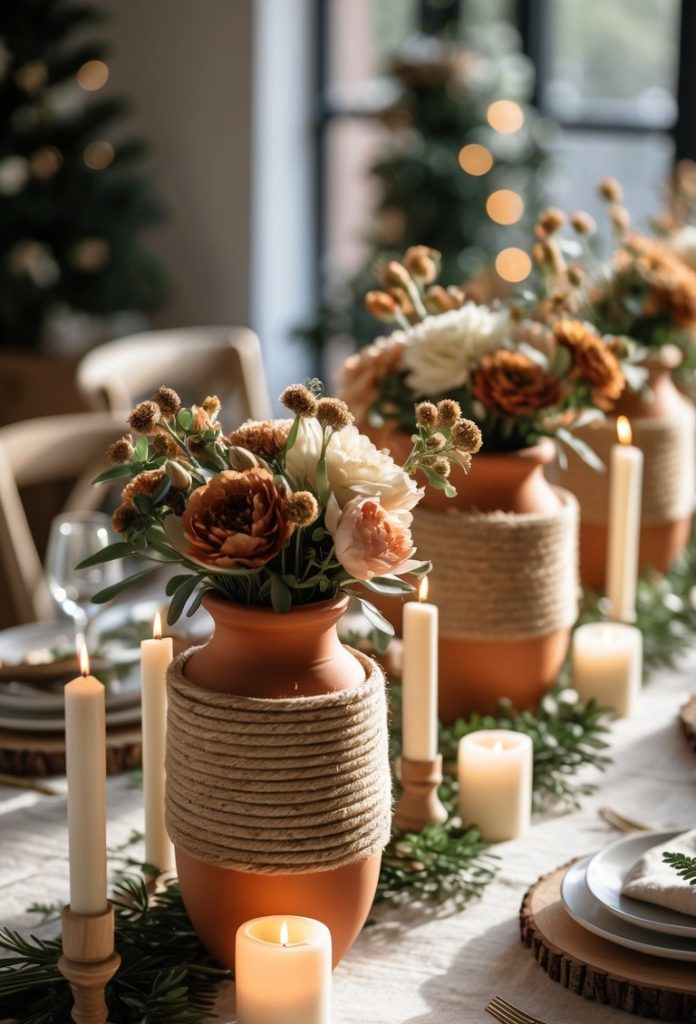 A decorated dining table with terracotta vases holding flowers, surrounded by lit candles, greenery, and wooden place settings.