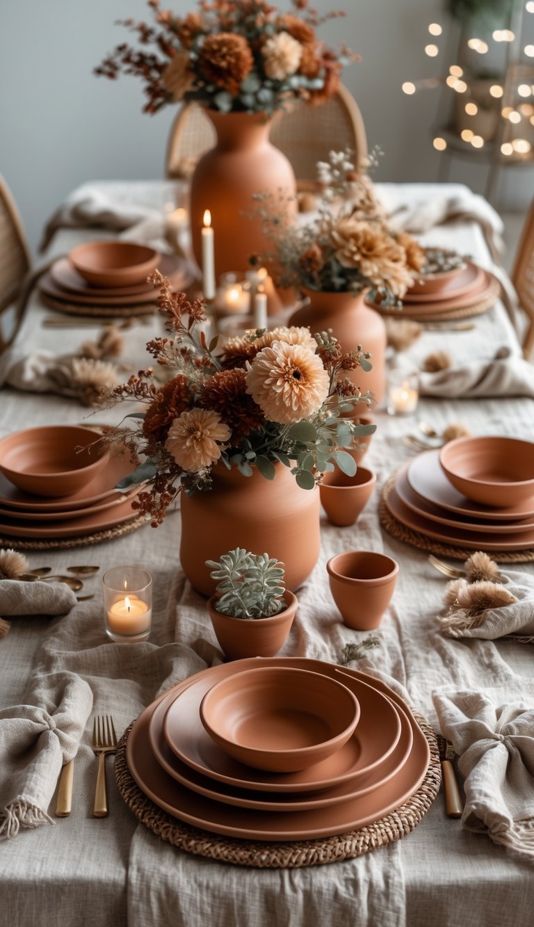 A fully set dining table with terracotta dishes, linen tablecloth, candles, and floral centerpieces arranged for a festive event.